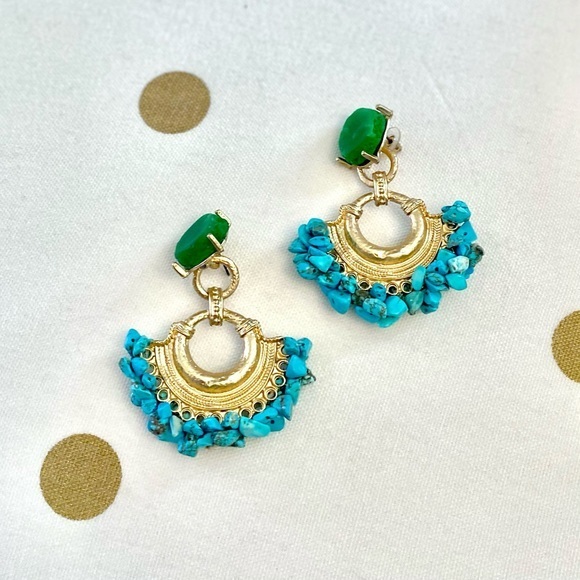 NWT Earrings Gold + Turquoise + Green Boho Hoops Stone - Picture 2 of 7